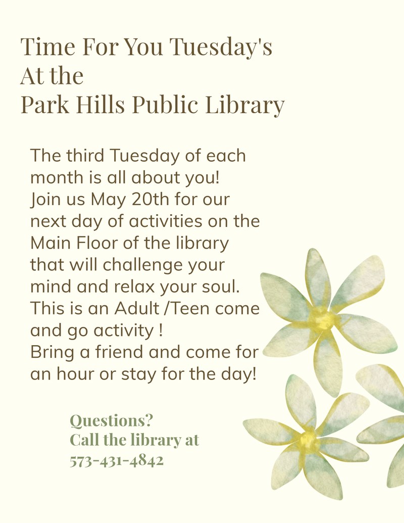 Time For You Tuesday Teen/Adult Activity Time For You Tuesday Teen/Adult Activity